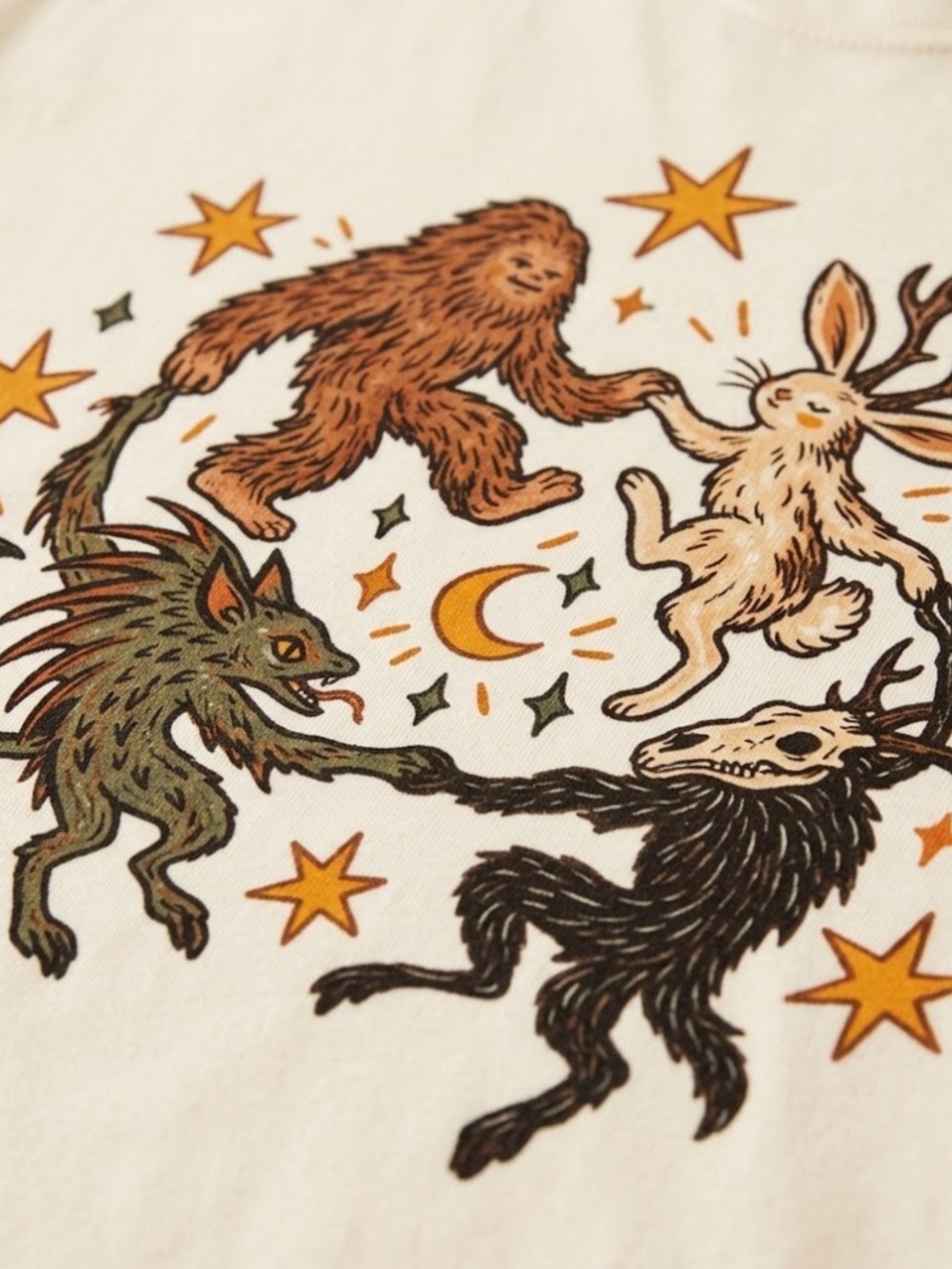 Dancing Cryptids Folk Art Gildan T-Shirt Cream Bigfoot Graphic Tee - Picture 2 of 3